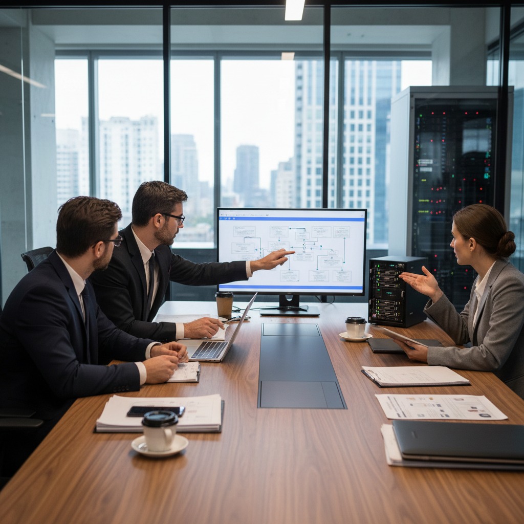 Three professionals in business attire discuss a technical diagram on a computer monitor in a modern office boardroom.