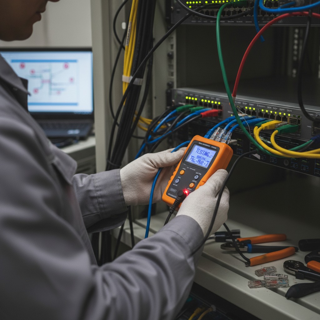 A technician wearing gloves uses a handheld network cable tester on a server rack filled with colorful ethernet cables.
