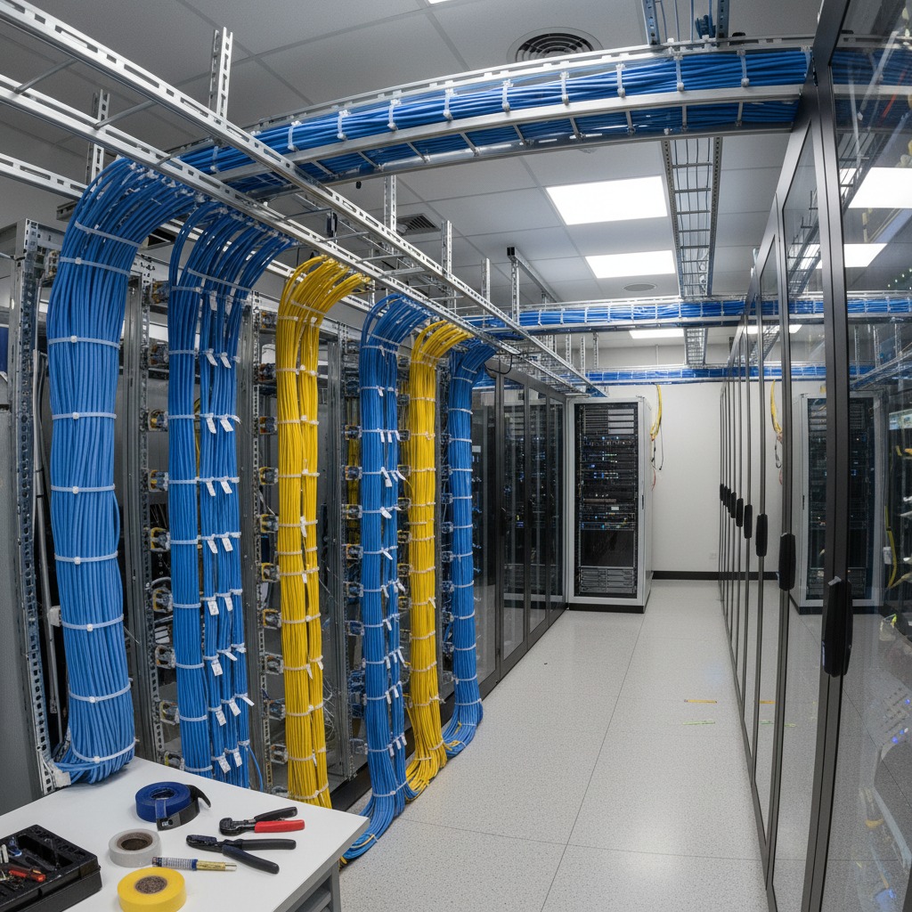 Rows of server racks connected by organized bundles of blue and yellow ethernet cables running through overhead cable trays in a data center.