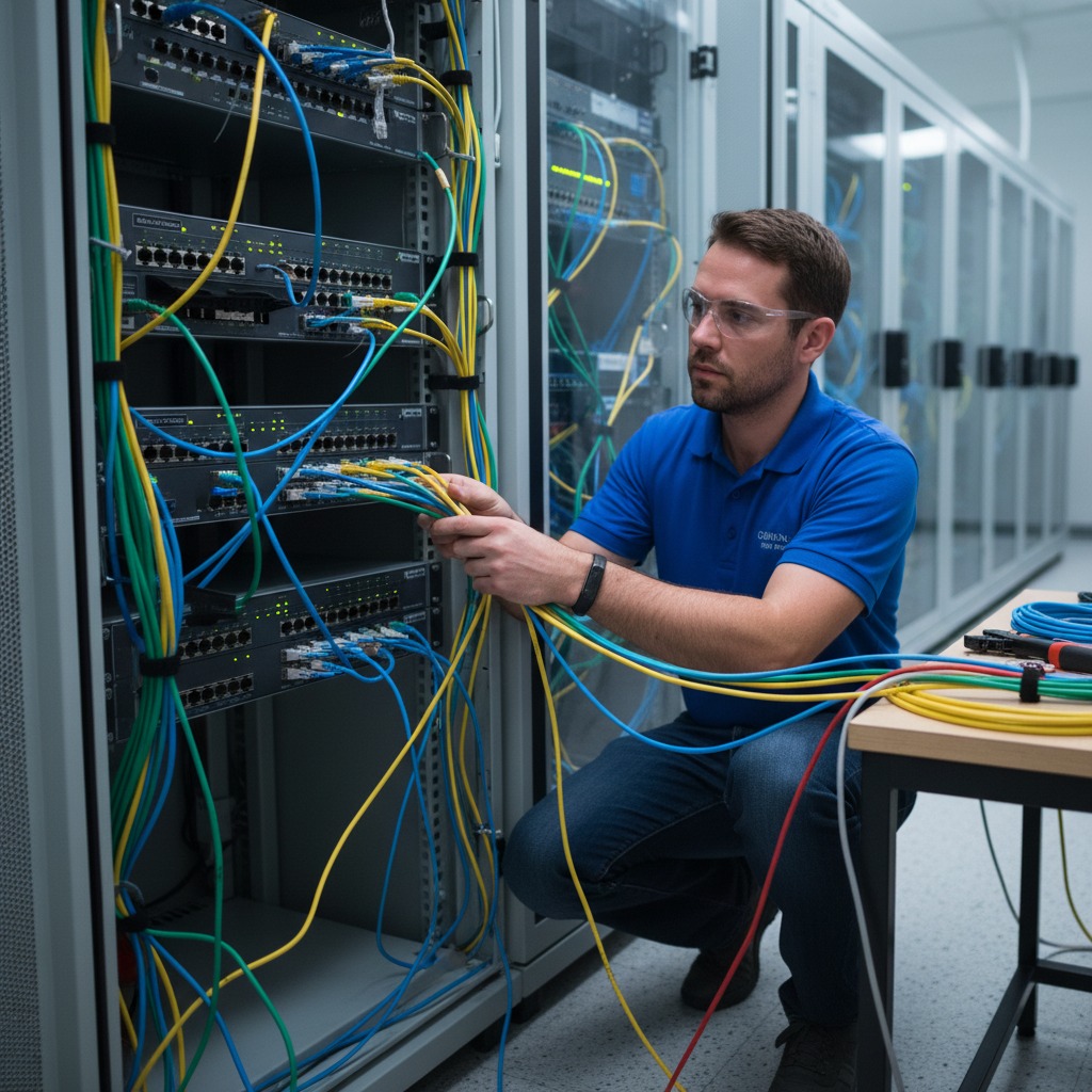 A technician wearing safety glasses organizes colorful network cables inside a server rack in a data center.